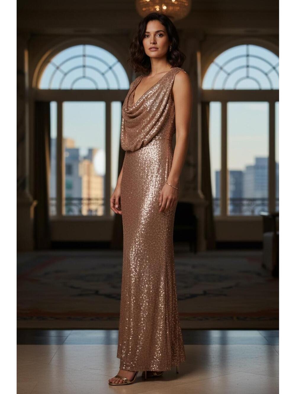 For You Dress Elegant Rose Gold Sequin Evening Gown with Draped Neckline SZ 6